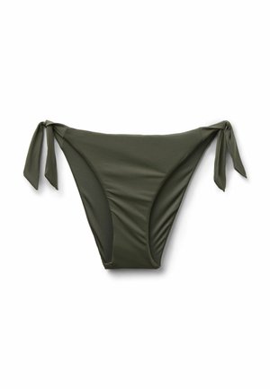 Olivgrüner Bikinihose mit seitlichen Bindebändern, glattem Stoff und nahtlosen Kanten, auf weißem Hintergrund dargestellt.