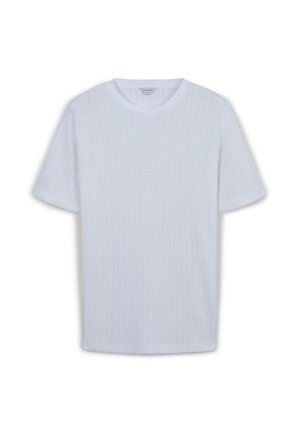 T-shirt bianco a maniche corte con un tessuto testurizzato e un sottile motivo a griglia. Collo rotondo classico e vestibilità rilassata.
