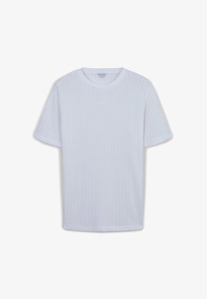 T-shirt bianco a maniche corte con un tessuto testurizzato e un sottile motivo a griglia. Collo rotondo classico e vestibilità rilassata.