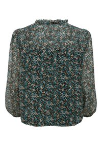 Blouse fleurie en tissu semi-transparent, avec un motif bleu sarcelle et marron, col rond, et manches longues bouffantes pour une coupe décontractée.