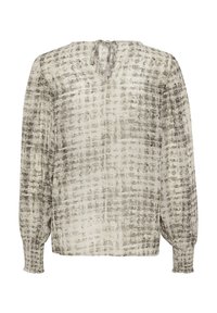Blouse à manches longues en tissu léger et texturé, avec un motif à carreaux gris et blanc cassé et une fermeture à nouer au dos.