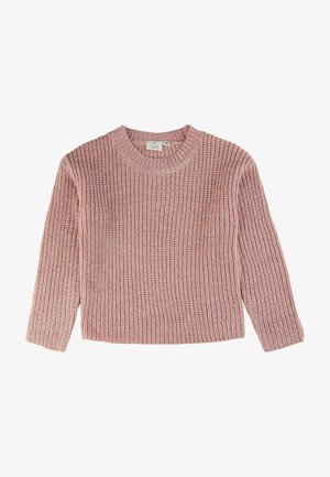 Gruby różowy sweter z okrągłym dekoltem, z długimi rękawami oraz ściągaczami przy rękawach, kołnierzu i dolnym brzegu, leżący na białym tle.