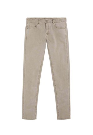 Pantalones beige de corte ajustado con bolsillos delanteros, presillas para cinturón y cierre de botón, colocados planos sobre un fondo blanco.