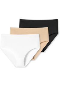 Drie paren damesondergoed in wit, beige en zwart. Gemaakt van zachte stof met gladde, onzichtbare elastische taillebanden en een ontwerp met volledige bedekking.