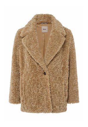Faux fur beige frakke med en tekstureret overflade, store klapkraver og en enkelt knaplukning. Foret indvendigt for komfort.