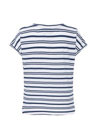 Chemise blanche à manches courtes avec des rayures horizontales bleu marine de différentes épaisseurs, vue de dos sur fond blanc.