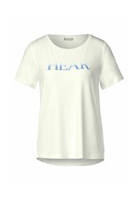 White short-sleeve t-shirt made of soft cotton with a round neckline, featuring blue gradient text that reads "HEAR" across the chest.
