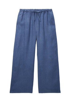 Pantalon large en lin bleu avec ceinture élastique et cordon de serrage, doté de poches latérales, idéal pour un usage décontracté.