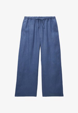 Pantalon large en lin bleu avec ceinture élastique et cordon de serrage, doté de poches latérales, idéal pour un usage décontracté.