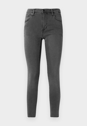 Slim-fit gray denim jeans with five pockets, belt loops, and a zip-fly closure. The fabric has a smooth texture with subtle fading.