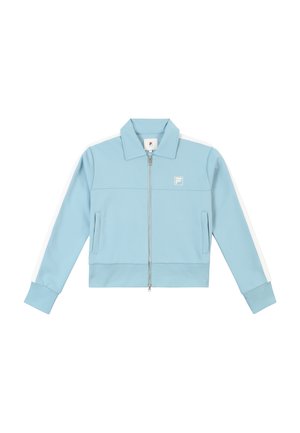 Helleblaue Zip-Jacke mit Stehkragen. Verfügt über weiße Streifen entlang der Ärmel und ein kleines Logo auf der Brust. Glatte Stofftextur.