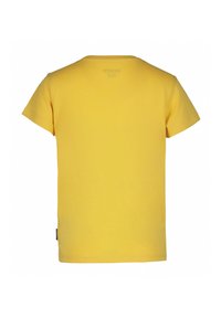 Camiseta de algodón amarilla con mangas cortas, cuello redondo y dobladillo recto. No hay logotipos ni patrones prominentes visibles en la parte posterior.