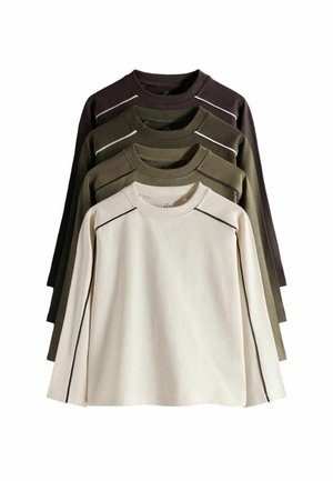 Four long-sleeve crew neck shirts in beige, light olive, olive green, and dark brown, each with contrasting seam lines on shoulders and sleeves.
