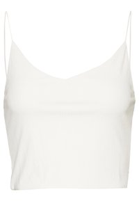 Haut court blanc côtelé avec un décolleté en V et de fines bretelles spaghetti. Le tissu semble lisse et ajusté, mettant en valeur un design simple.