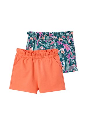 Two pairs of elastic waist shorts; one solid coral with pockets, one teal with pink and purple floral pattern, both with ruffled waistbands.