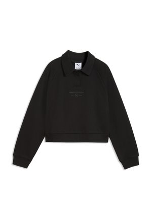 Sort langærmet cropped sweatshirt med krave, ribmanchetter og subtilt Puma Sportswear-logo på brystet.