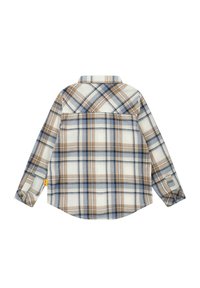 Geruite lange mouw shirt met een beige, bruine en blauwe kleurstelling; gemaakt van zachte stof met knoopmanchetten en een klassieke kraag.