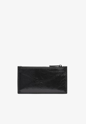 Black leather wallet with a textured finish, rectangular shape, and a top zipper closure. Features stitched edges and simple design.