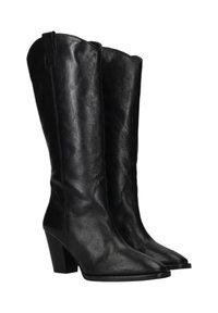 Zwarte leren kniehooge laarzen met een spitse neus en een stevige hak. Het oppervlak heeft een gladde textuur en minimale details.