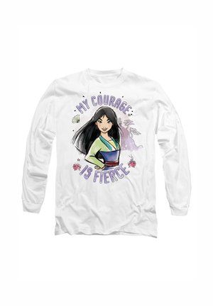 White long-sleeve shirt featuring an illustrated character, wearing a blue and green outfit, with the text "MY COURAGE IS FIERCE" above.