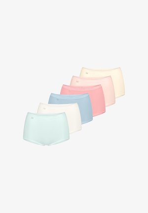 Six paires de sous-vêtements féminins dans des couleurs claires : bleu, rose, crème et blanc. Tissu doux avec une texture lisse et des ceintures élastiques.