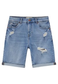 Short en jean bleu clair avec ourlets roulés et déchirures usées à l'avant des cuisses et des poches, avec fermeture par bouton et fermeture éclair.