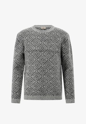 Grau gemusterter Pullover mit einem Diamantdesign, gerippten Bündchen und Saum, aus einem weichen, strukturierten Stoff gefertigt. Runder Halsausschnitt, lange Ärmel.