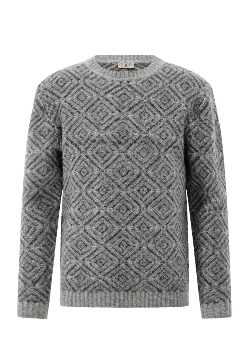Grau gemusterter Pullover mit einem Diamantdesign, gerippten Bündchen und Saum, aus einem weichen, strukturierten Stoff gefertigt. Runder Halsausschnitt, lange Ärmel.