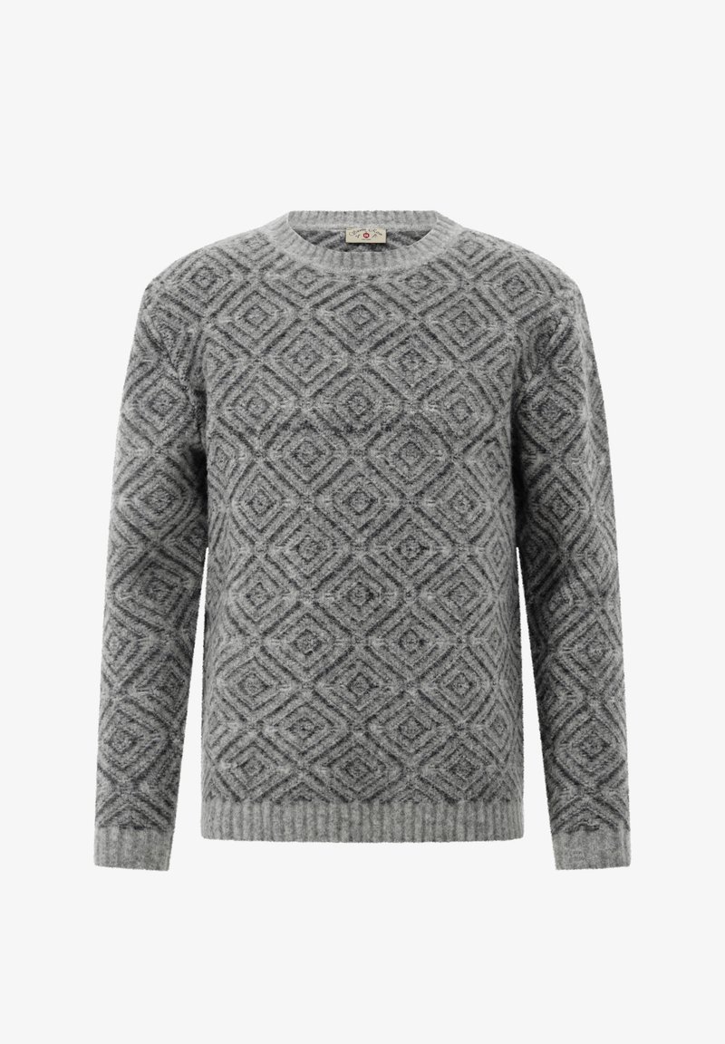 Grau gemusterter Pullover mit einem Diamantdesign, gerippten Bündchen und Saum, aus einem weichen, strukturierten Stoff gefertigt. Runder Halsausschnitt, lange Ärmel.