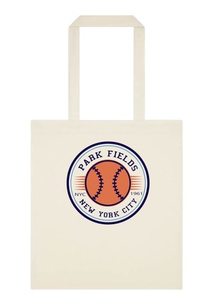 Sac tote beige avec un logo circulaire représentant une balle de baseball et le texte "Park Fields New York City NYC 1961" en bleu et orange.