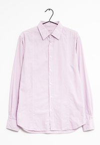 Camicia a maniche lunghe di un leggero viola con sottili righe bianche. Presenta un design con bottoni sul fronte e un colletto classico. Tessuto morbido.