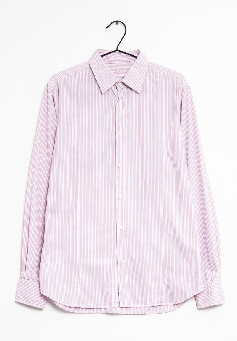 Camicia a maniche lunghe di un leggero viola con sottili righe bianche. Presenta un design con bottoni sul fronte e un colletto classico. Tessuto morbido.