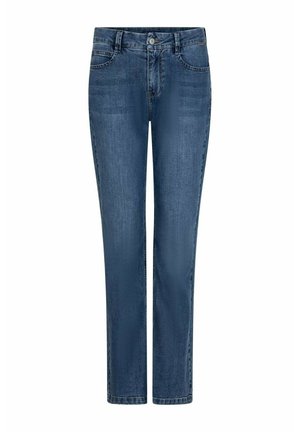 Blauwe denim jeans met een rechte pijpdesign, knoopsluiting en vijf-pocket stijlen. De stof heeft een licht vervaagde afwerking.