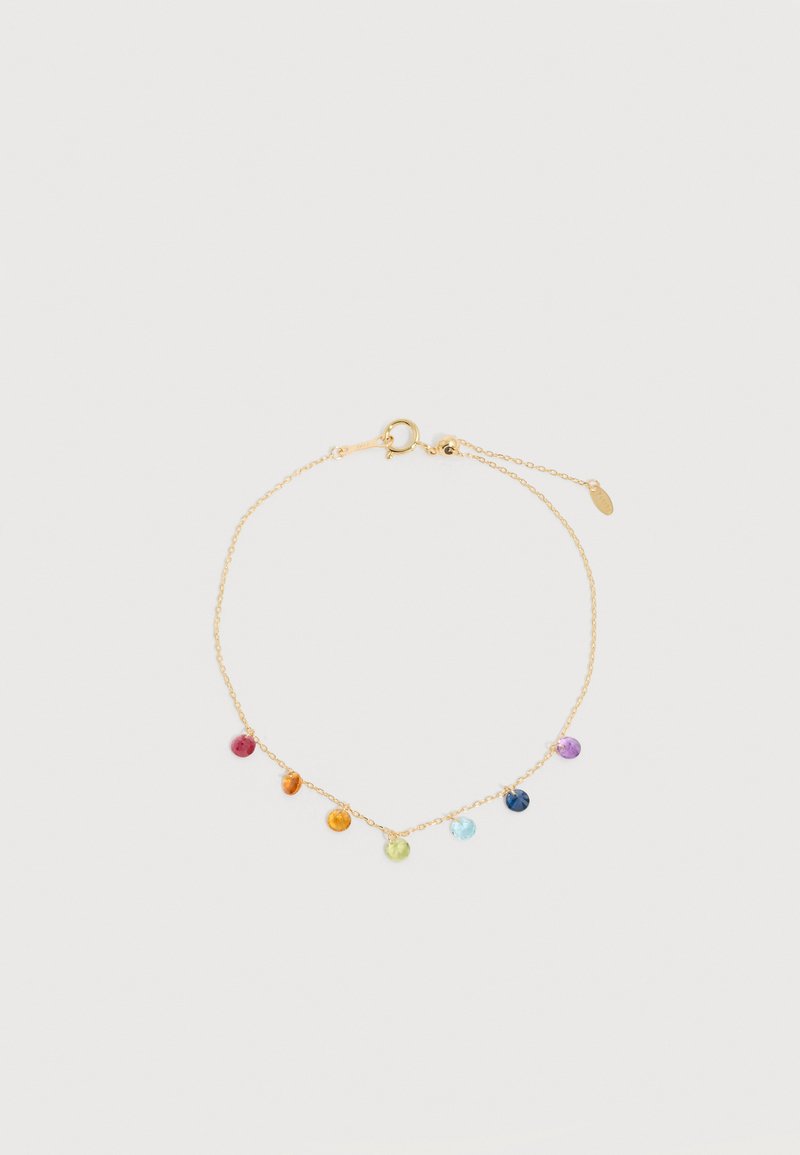 Λεπτό βραχιόλι με αλυσιδίτσα από χρυσό, με επτά μικρά, στρογγυλά πολύχρωμα μαργαριτάρια, ομοιόμορφα τοποθετημένα κατά μήκος της αλυσίδας.