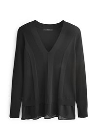 Schwarzer Pullover mit V-Ausschnitt, mit gerippter Textur und langen Ärmeln. Der Saum hat eine durchsichtige schwarze Schicht, die einen mehrschichtigen Effekt erzeugt.