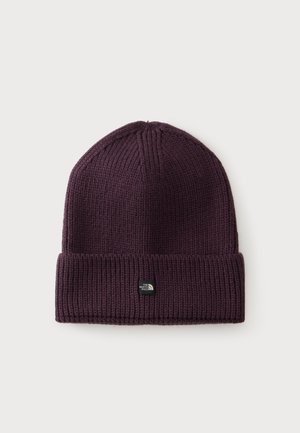 Dunkellila gestrickte Mütze mit umgeschlagenem Rand und kleinem rechteckigem The North Face-Logo vorne in der Mitte.