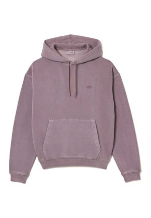 Sweat à capuche mauve atténué avec poche kangourou à l'avant et petit logo brodé sur le côté gauche de la poitrine, capuche avec cordon, poignets et ourlet côtelés.