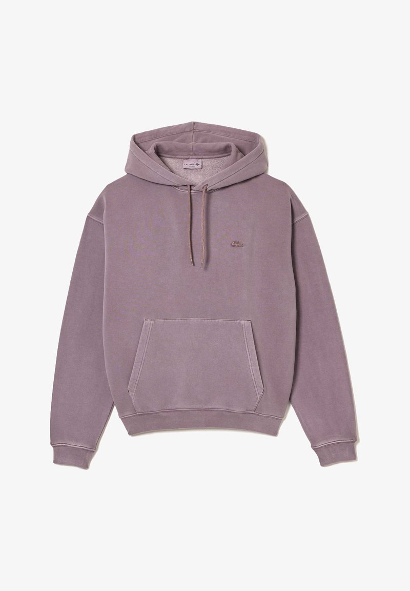 Sweat à capuche mauve atténué avec poche kangourou à l'avant et petit logo brodé sur le côté gauche de la poitrine, capuche avec cordon, poignets et ourlet côtelés.