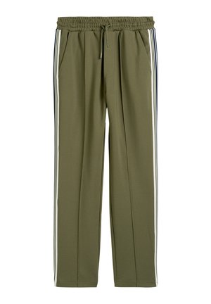 Khakiowe spodnie z elastycznym pasem i sznurkiem do wiązania. Posiadają białe paski po bokach. Wykonane z miękkiej tkaniny, z bocznymi kieszeniami.