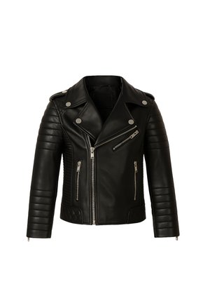 Veste de motard en cuir noir avec des manches matelassées, zippers argentés, et boutons pression sur le col et les épaules, fermeture éclair à l'avant.