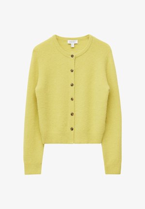 Cardigan en laine jaune pâle avec col rond, six boutons bruns sur le devant, et poignets et ourlet côtelés.