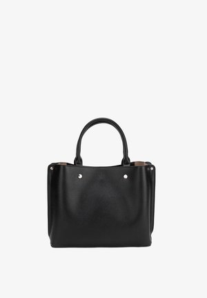 Borsa a mano in pelle nera strutturata con due manici e dettagli con rivetti argentati, mostrata su sfondo bianco.