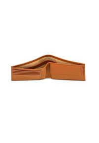Portafoglio in pelle marrone chiaro con design a pieghetta. Presenta diversi slot per carte e una tasca piatta, foderata con un tessuto marrone chiaro liscio.