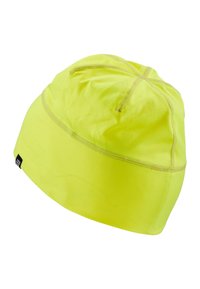 Bright yellow beanie made from lightweight fabric; features a stretchable design, smooth texture, and a small black brand tag at the base.