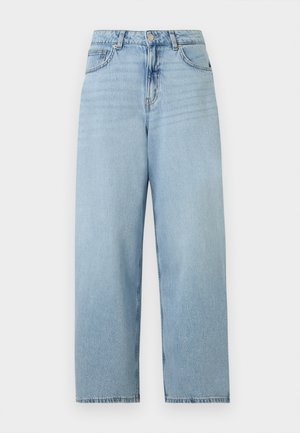 Φωτεινά μπλε τζιν με ψηλή μέση και φαρδιά μπατζάκια, με εμπρόσθιο κουμπί, φερμουάρ και κλασικό σχεδιασμό με πέντε τσέπες.