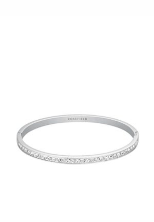 Zilveren bangle armband met een gladde afwerking en een rij heldere kristallen aan één kant. Gemerkt met "ROSEFIELD" aan de binnenkant.