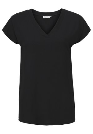 Czarna koszulka typu v-neck z krótkimi rękawami, wykonana z miękkiego materiału. Luźny krój z prostym dołem, bez wzorów i ozdób.