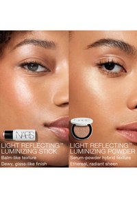 Gros plan de deux visages montrant une peau éclatante utilisant le NARS Light Reflecting Luminizing Stick et la poudre avec texte et images du produit.