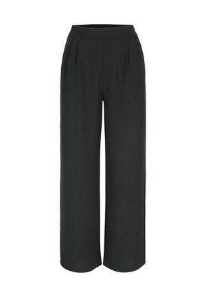 Mustad laiad püksid, mis on valmistatud pehmest kangast, veniva vöökohtaga ja ees olevate voltidega, omades sujuvat, tekstuurita viimistlust.