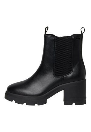 Bottines noires avec une finition en cuir lisse, des panneaux latéraux texturés et un talon bloc épais. Équipées de languettes pour un enfilage facile.